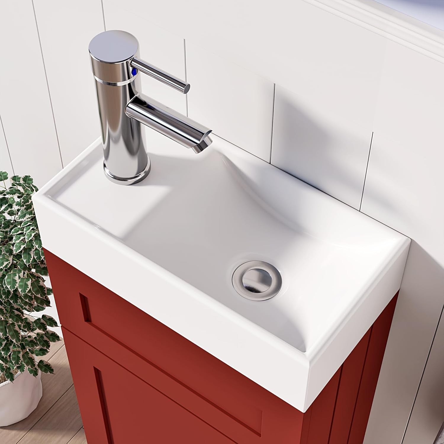 Slim 400mm Bathroom Vanity Unit with Basin Red Floor Standing Sink Cabinet