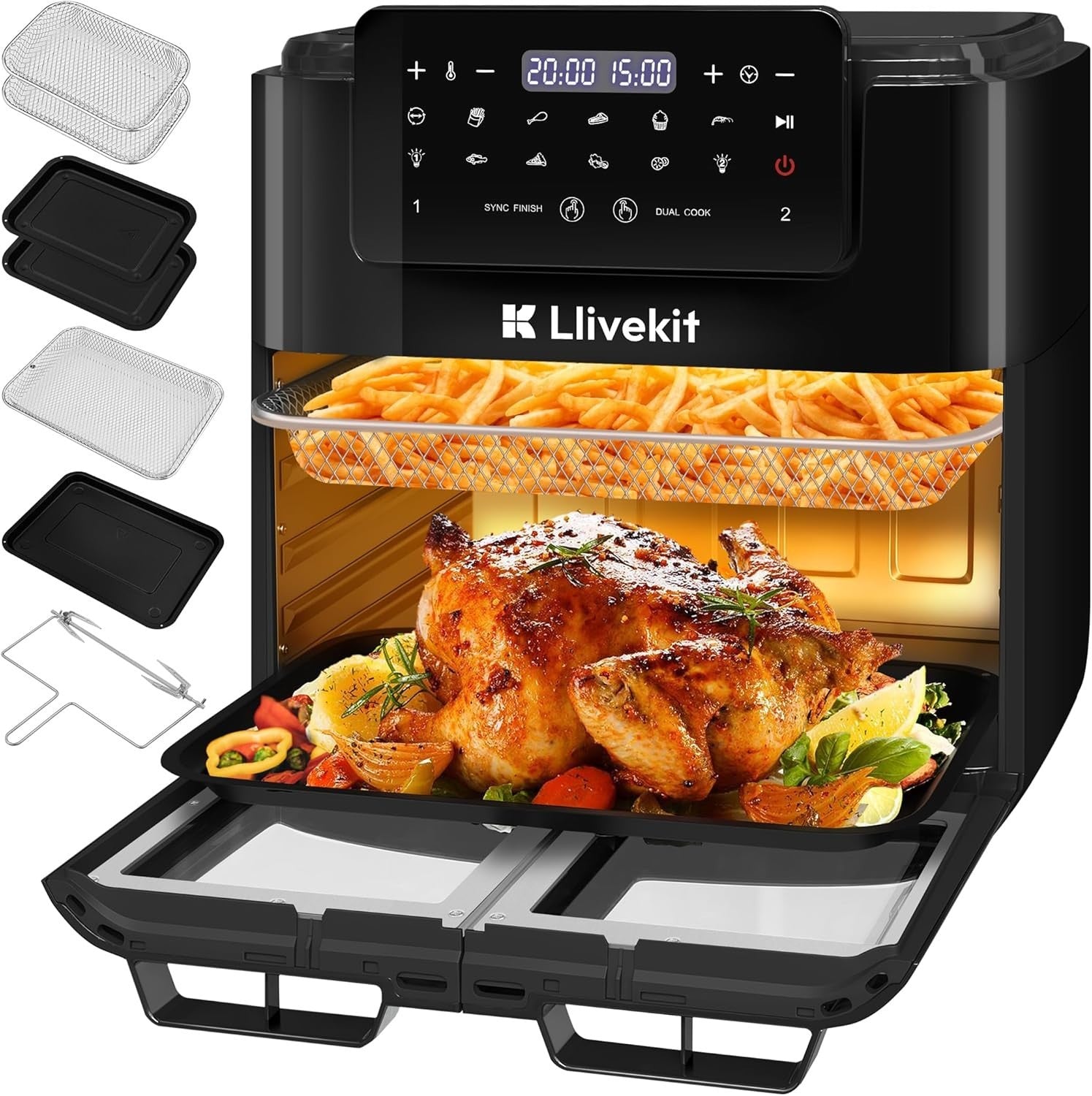 Dual Zone Air Fryer Oven 15L Rotisserie Sync Finish 12-in-1 2600W Window