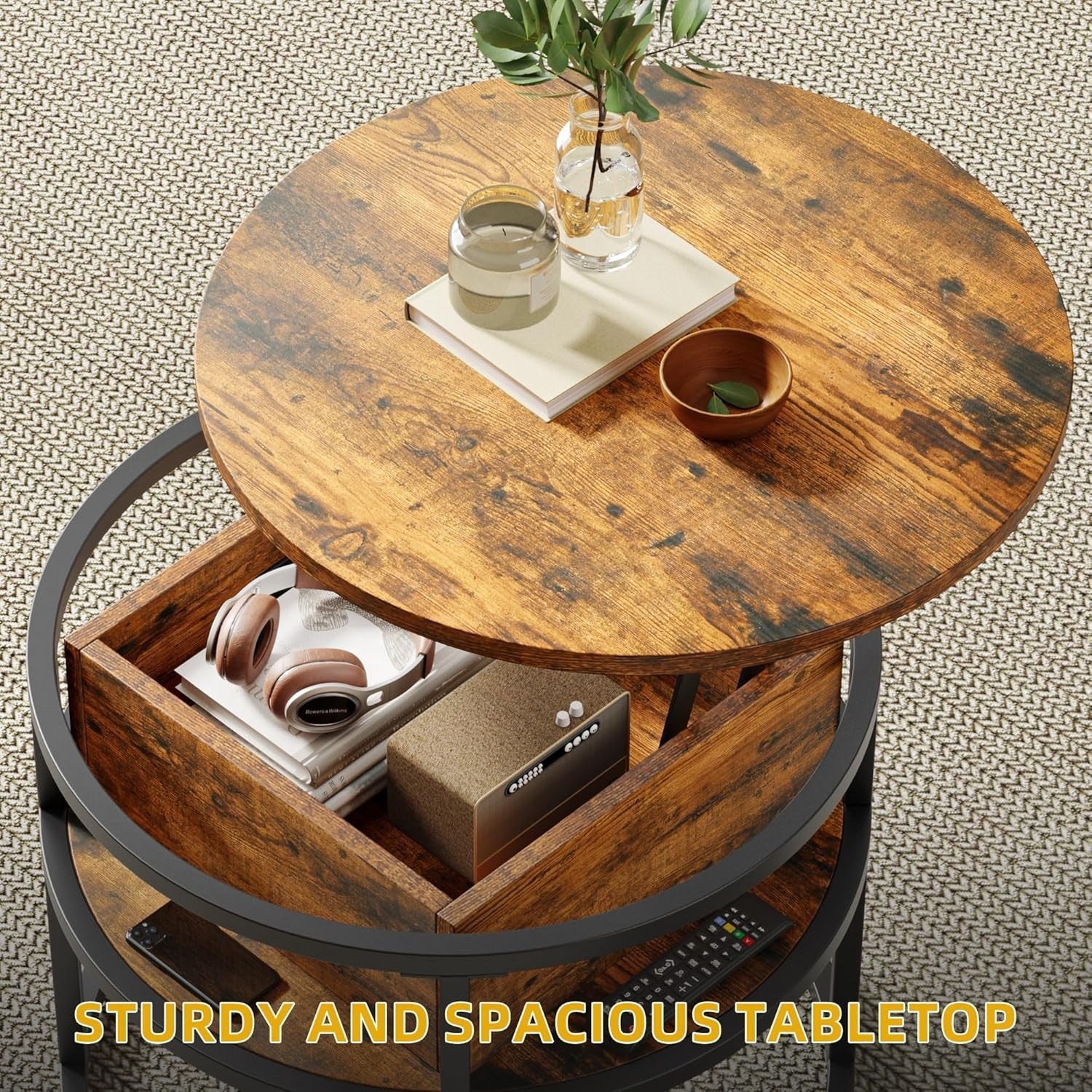 Round Lift Top Coffee Table with Hidden Storage, Small Space Metal Frame