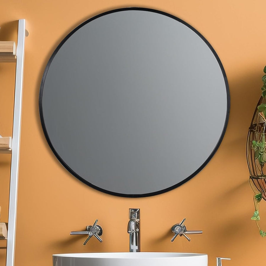 Black Round Wall Mirror 76x76 cm Metal Frame for Bathroom & Vanity