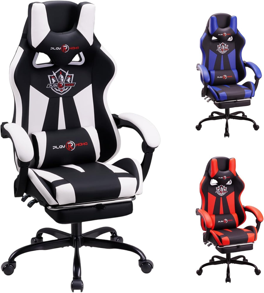 Reclining Gaming Chair with Footrest Ergonomic PU Leather White