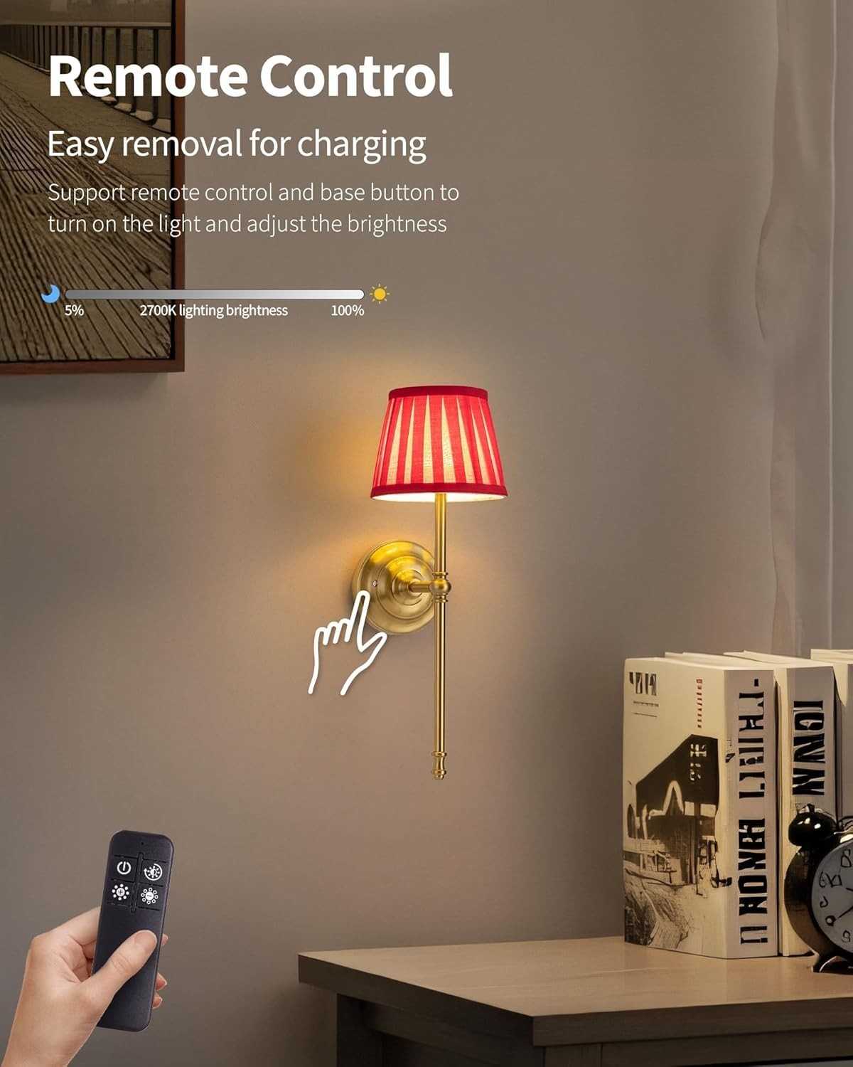 Cordless Rechargeable LED Wall Sconces with Remote, Touch Dimmer, 5200mAh
