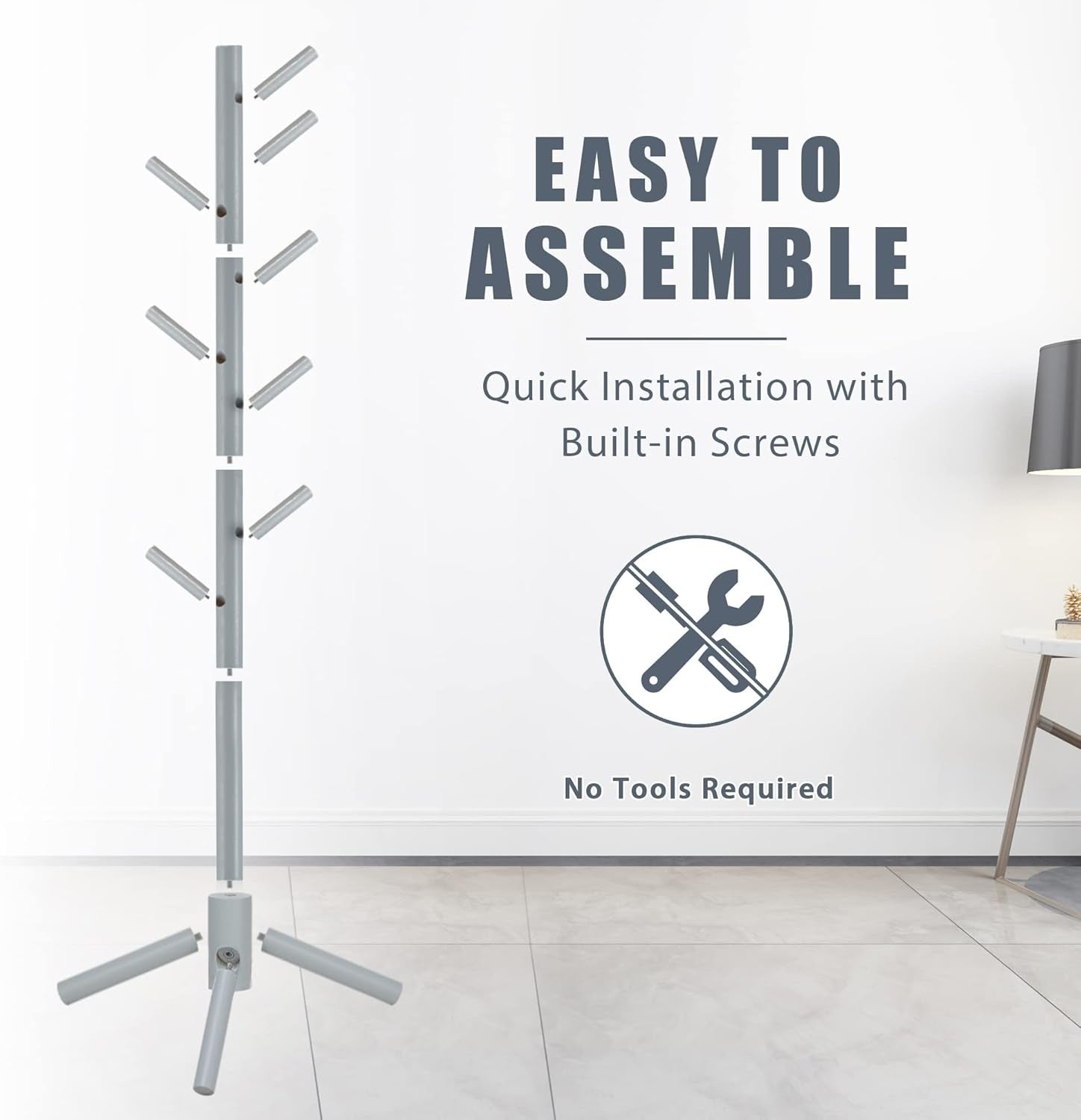 Grey Wooden Coat Rack Stand 8 Hooks Adjustable Hall Tree for Coats Hats Bags
