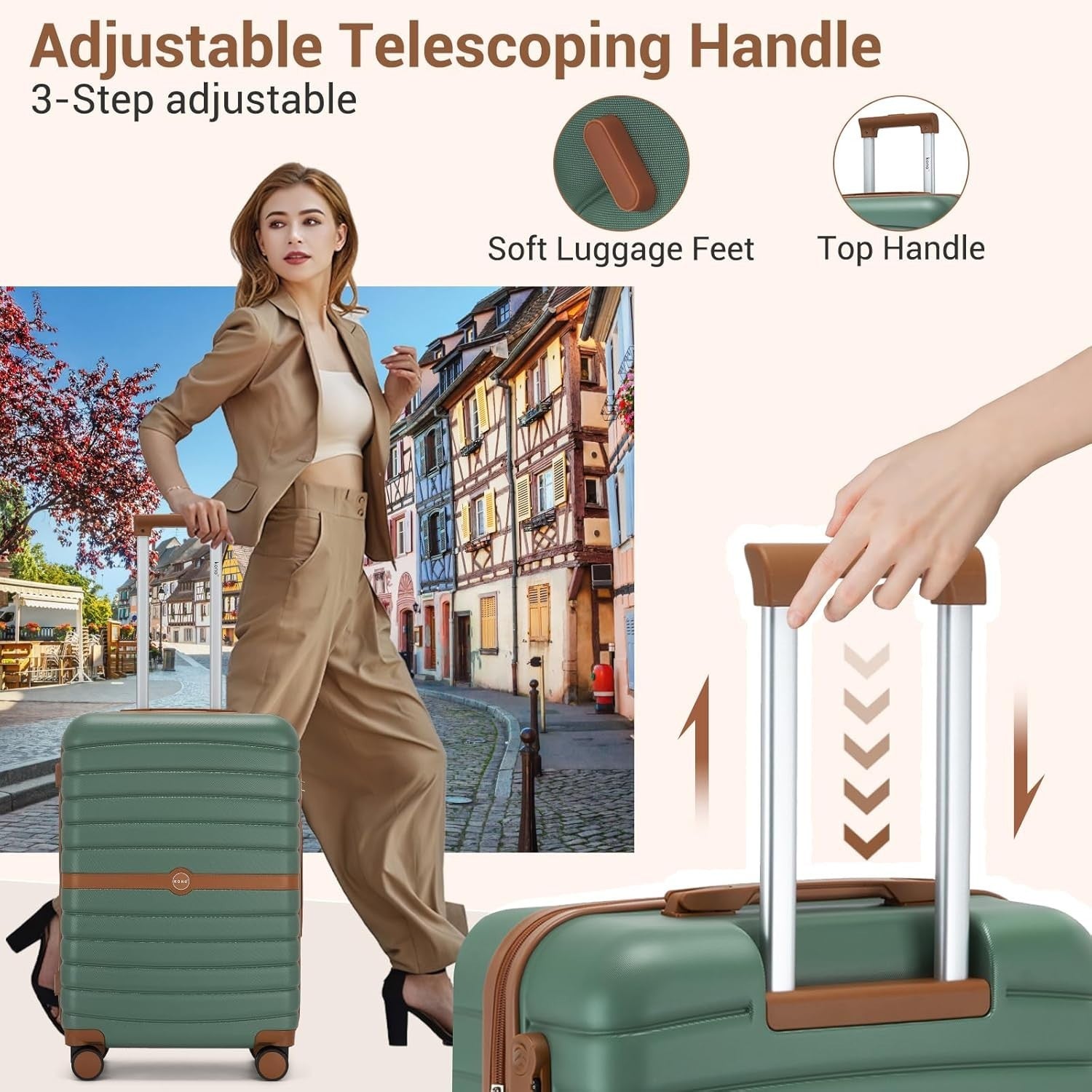 24'' Green Brown Check In Suitcase ABS PC Hard Shell Spinner Wheels Lock