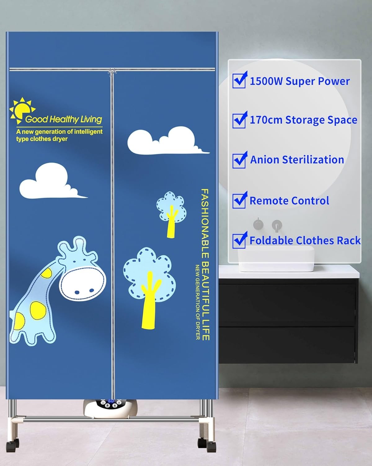 1500W Electric Clothes Dryer Cabinet Heated Airer 2 Tier Remote Control Indoor