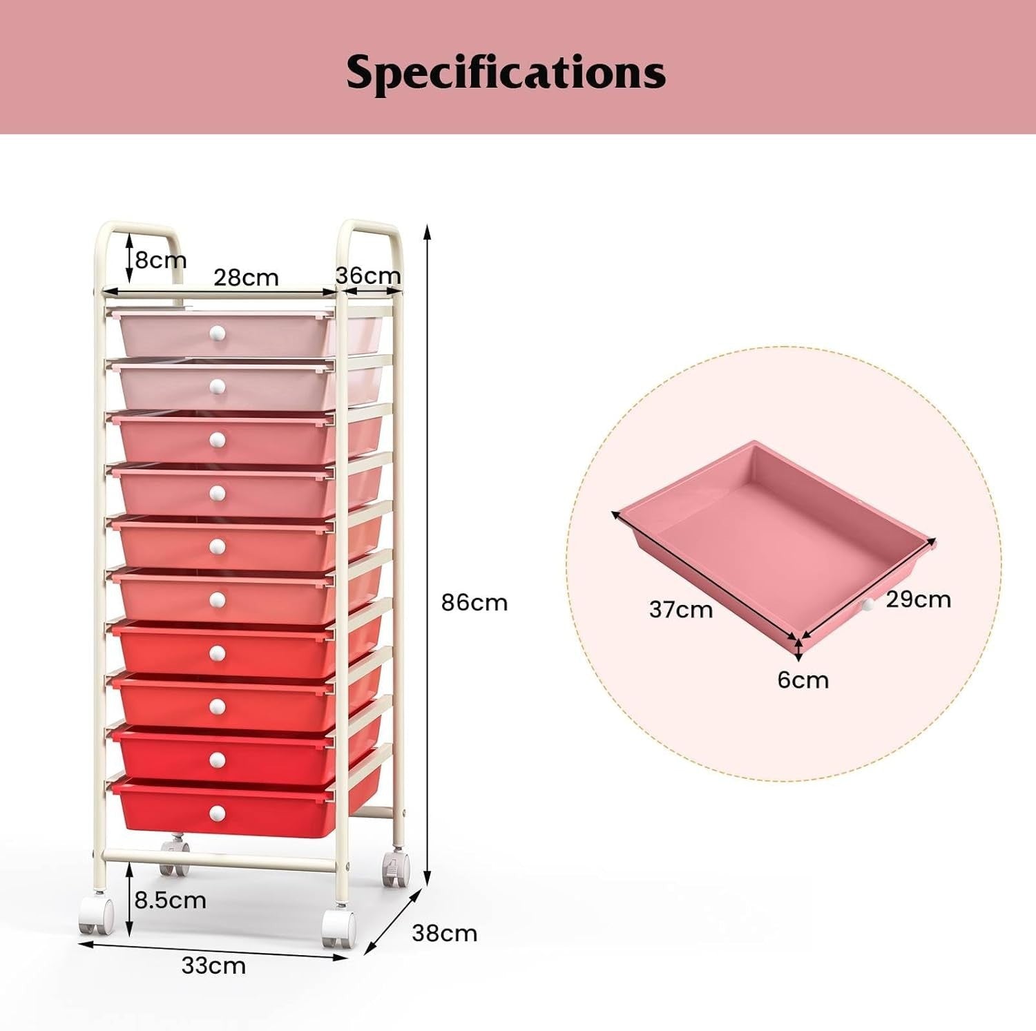 Gradient Pink 10 Drawer Rolling Storage Trolley Craft Beauty Organizer