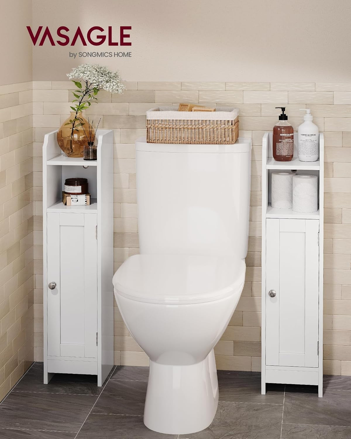 Slim White Bathroom Storage Cabinet with Door, Adjustable Shelf & Narrow Design