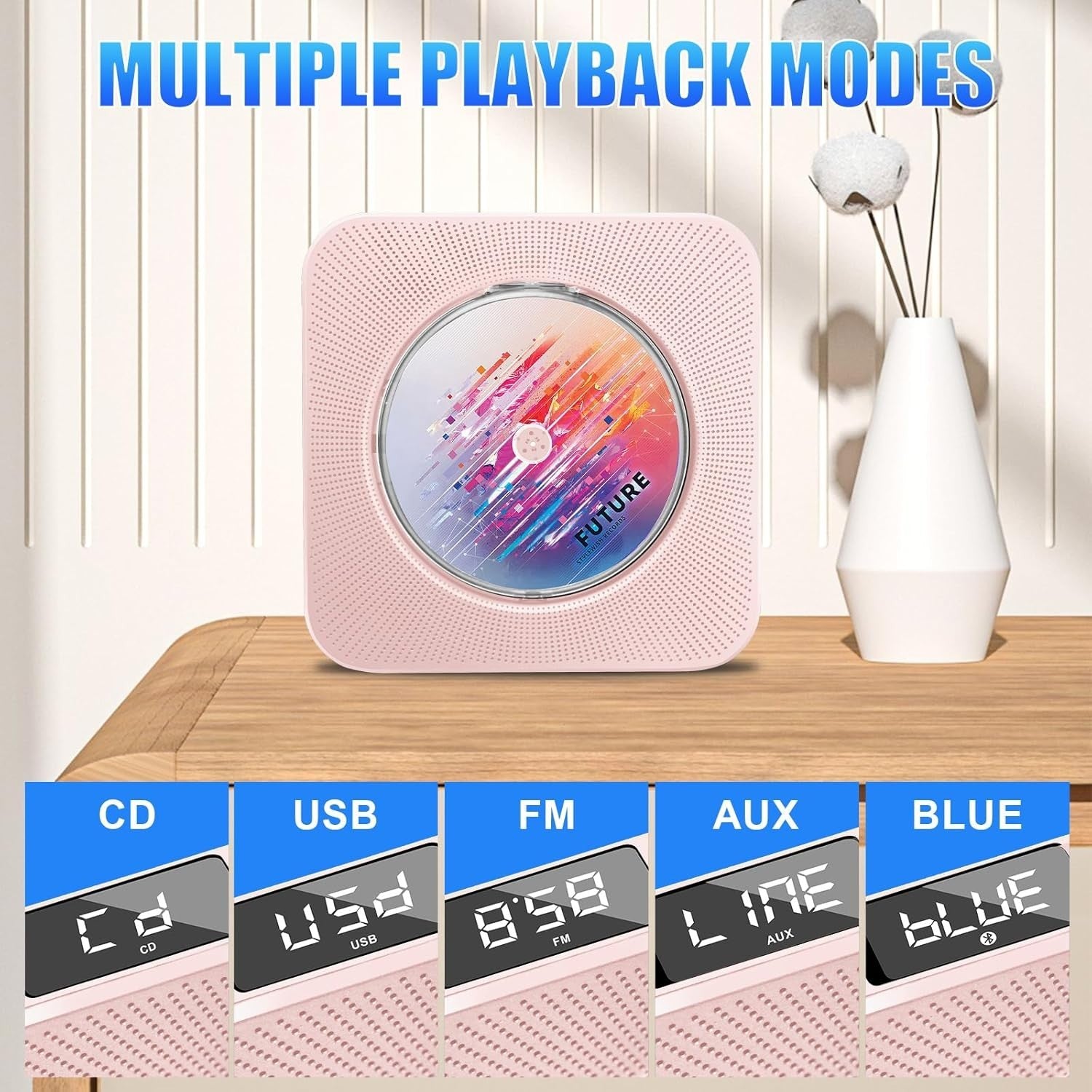 Pink Bluetooth CD Player FM Radio USB AUX HiFi Speakers Remote LED