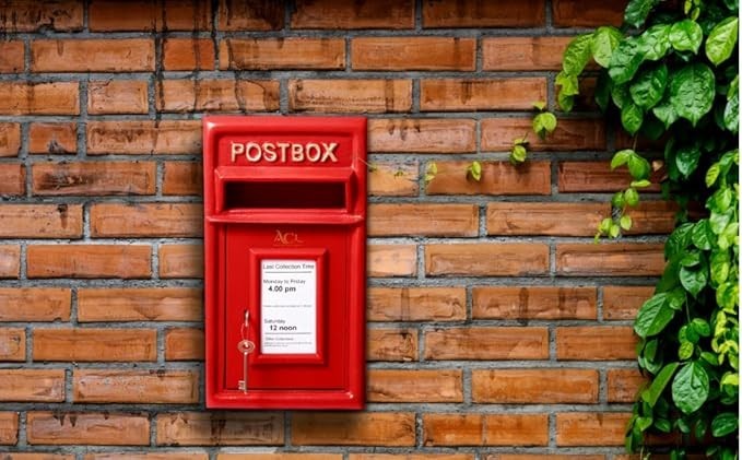 Lockable Wall Mounted Post Box Cast Iron Red Secure Mailbox 44cm Durable