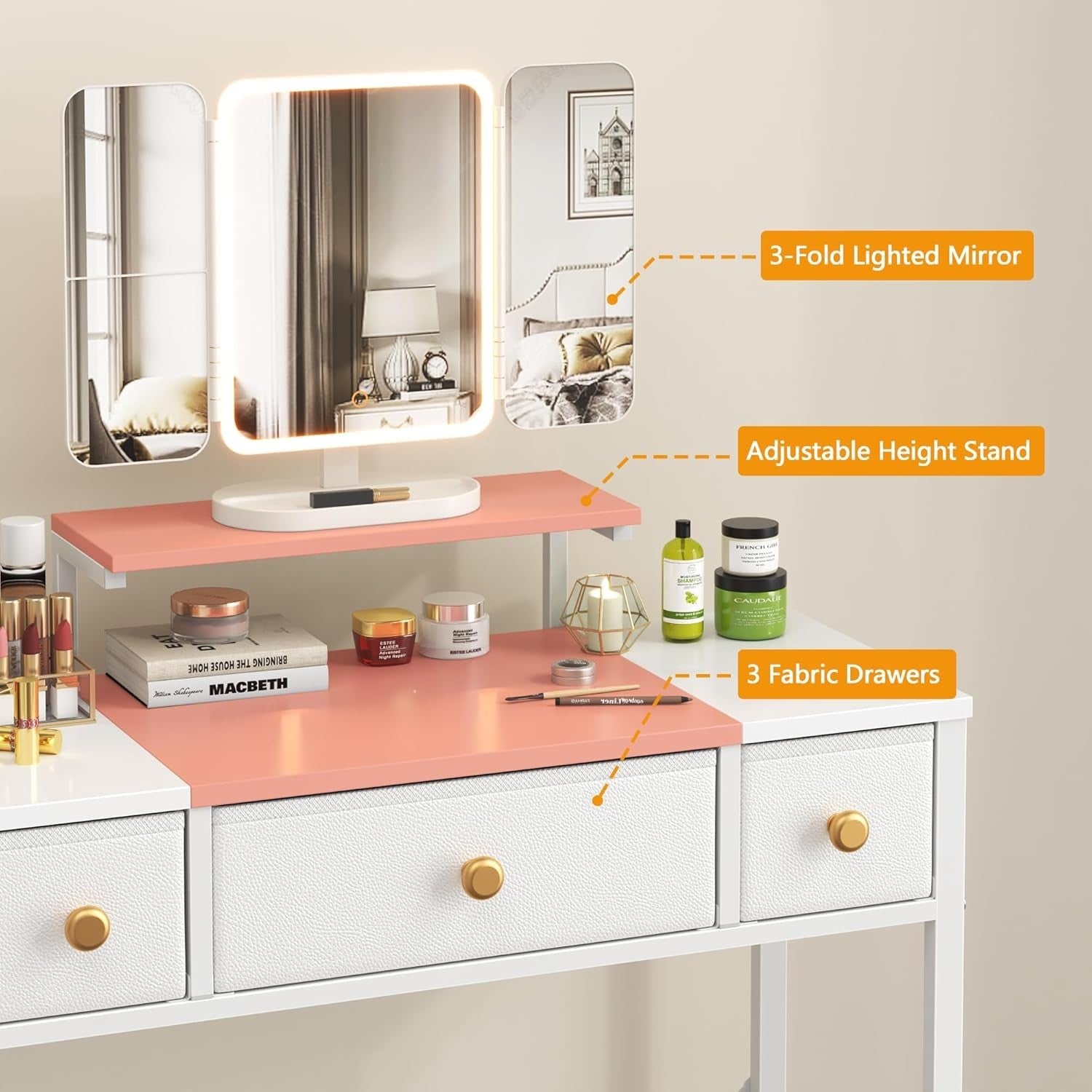 Vanity Dressing Table Desk 3-Fold Mirror LED Light 3 Drawers Pink White Wood