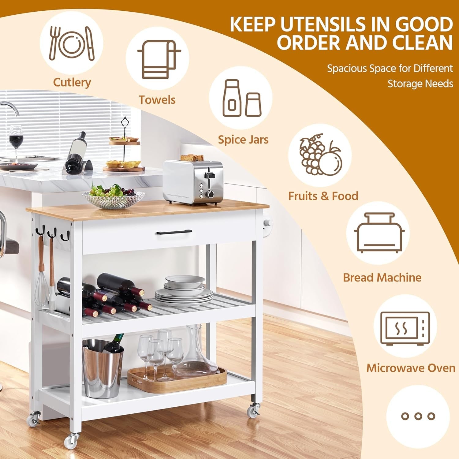 Kitchen Island Trolley on Wheels Bamboo Worktop Drawer Towel Rack Storage