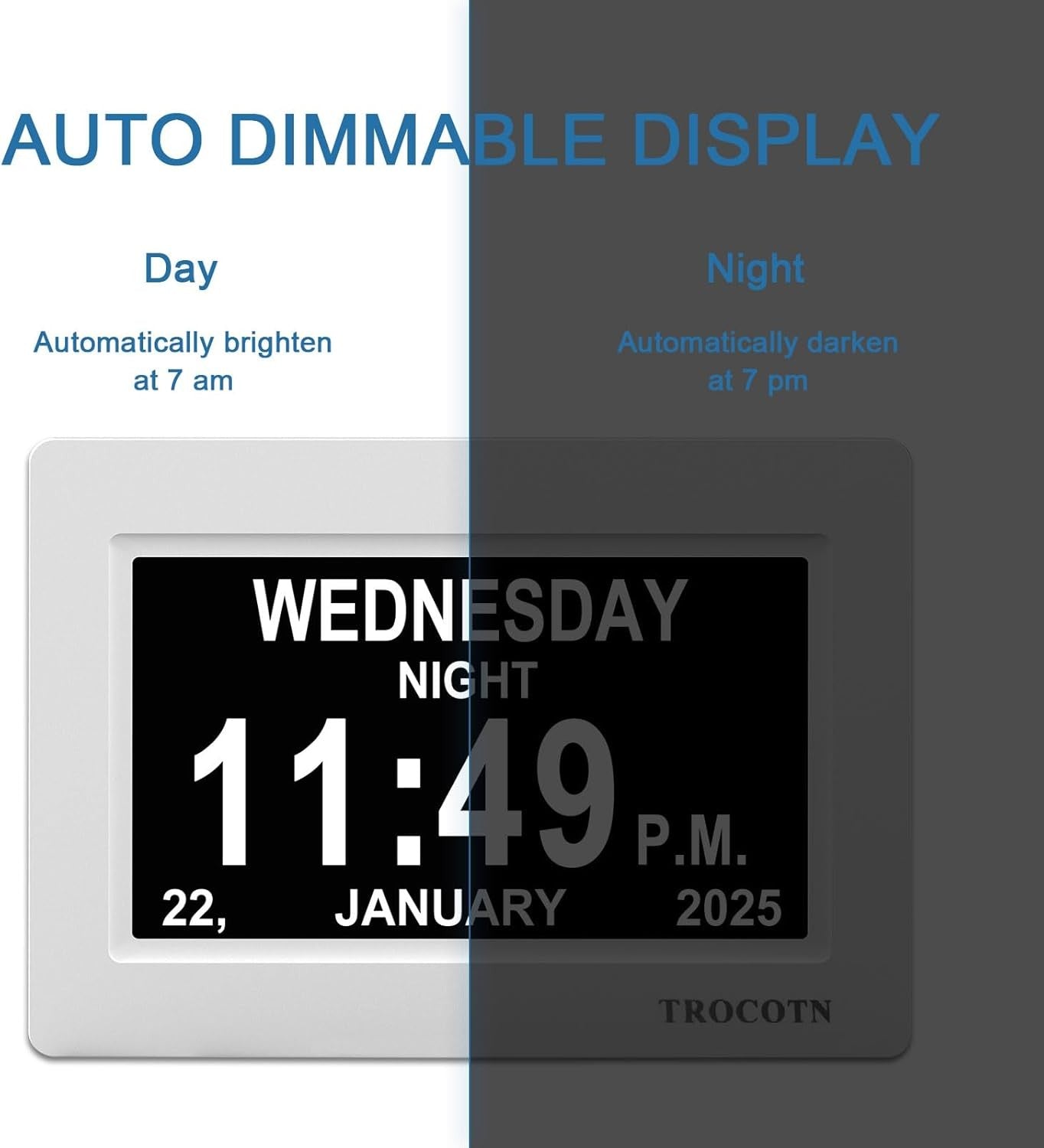 7” Dementia Digital Clock Large Day Display Auto Dimming Elderly