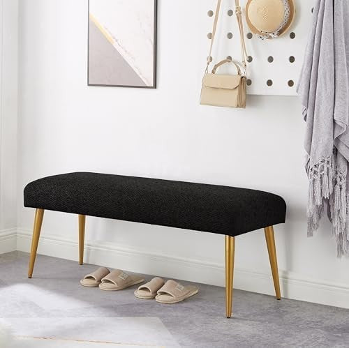 Luxury Black Upholstered Entryway Bench with Gold Metal Legs – 112cm Padded