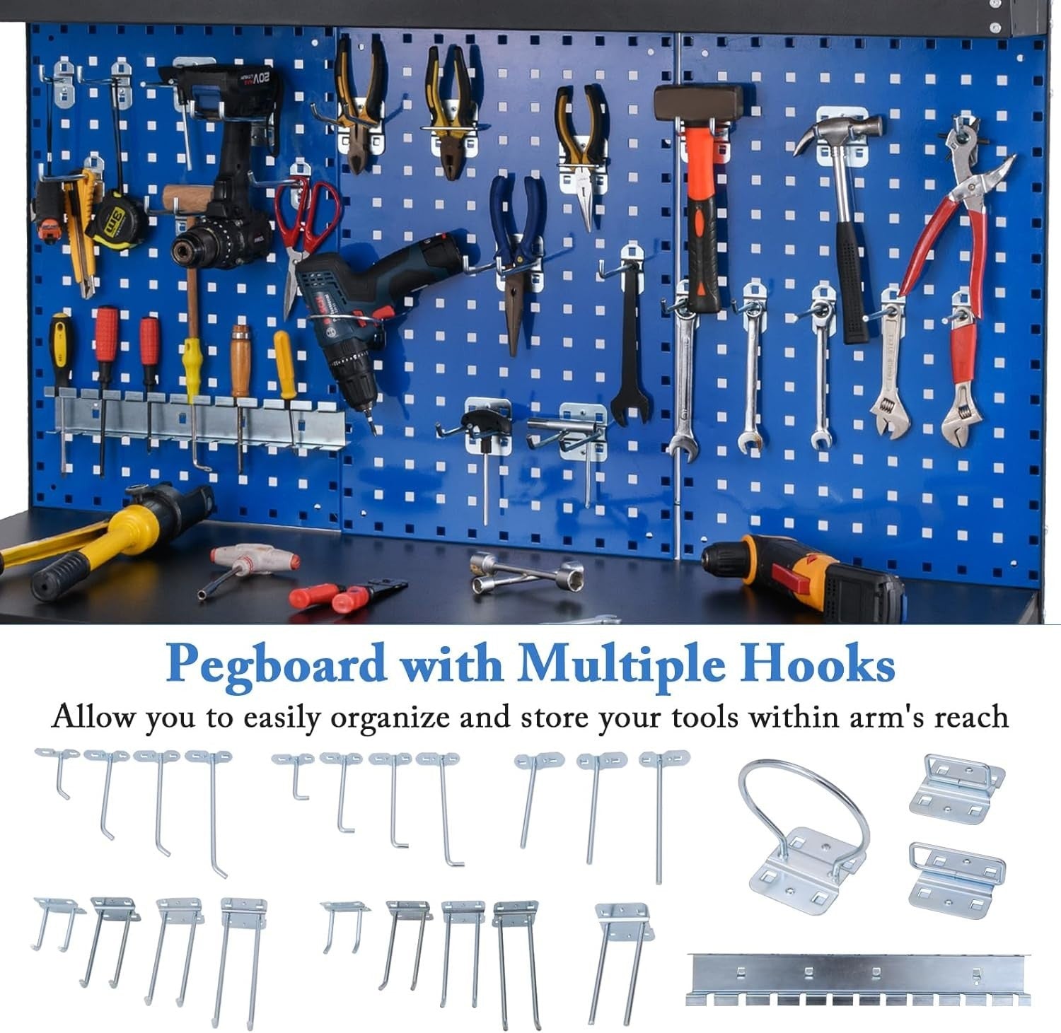 Heavy Duty Workbench 121x61x156cm Navy Pegboard 2 Drawers Shelves 435kg