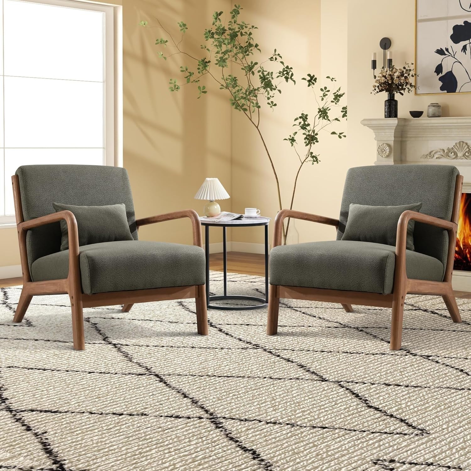 Modern Green Armchair – High Back Lounge Chair with Wood Frame & Cushion