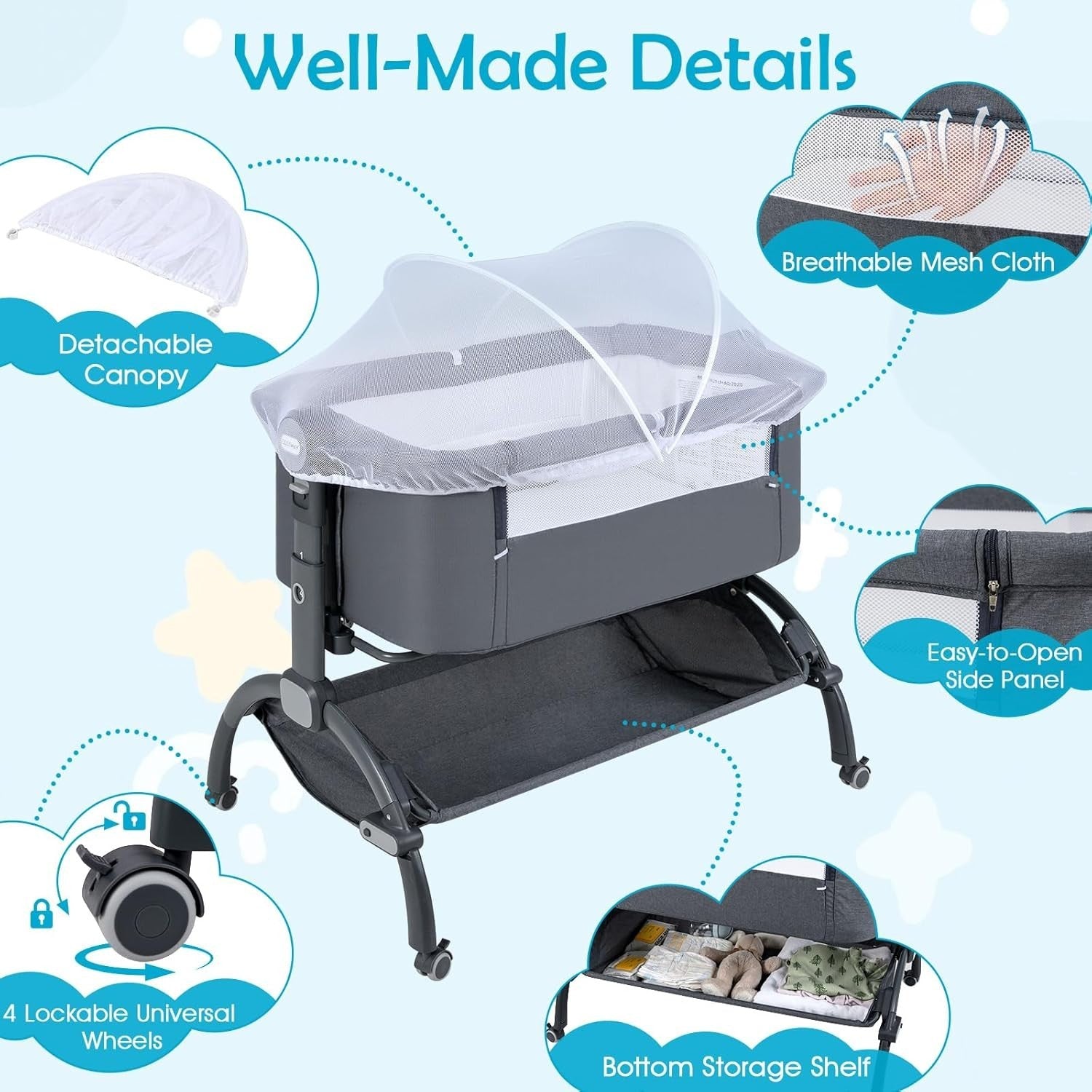5in1 Baby Travel Cot Bedside Crib Bassinet with Mattress Changer Music Toys