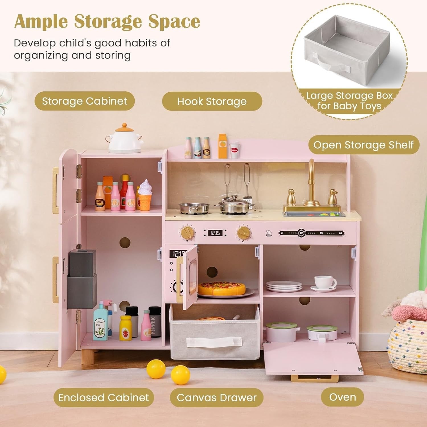 Wooden Kids Play Kitchen Pink Ice Maker Dishwasher Toy Set