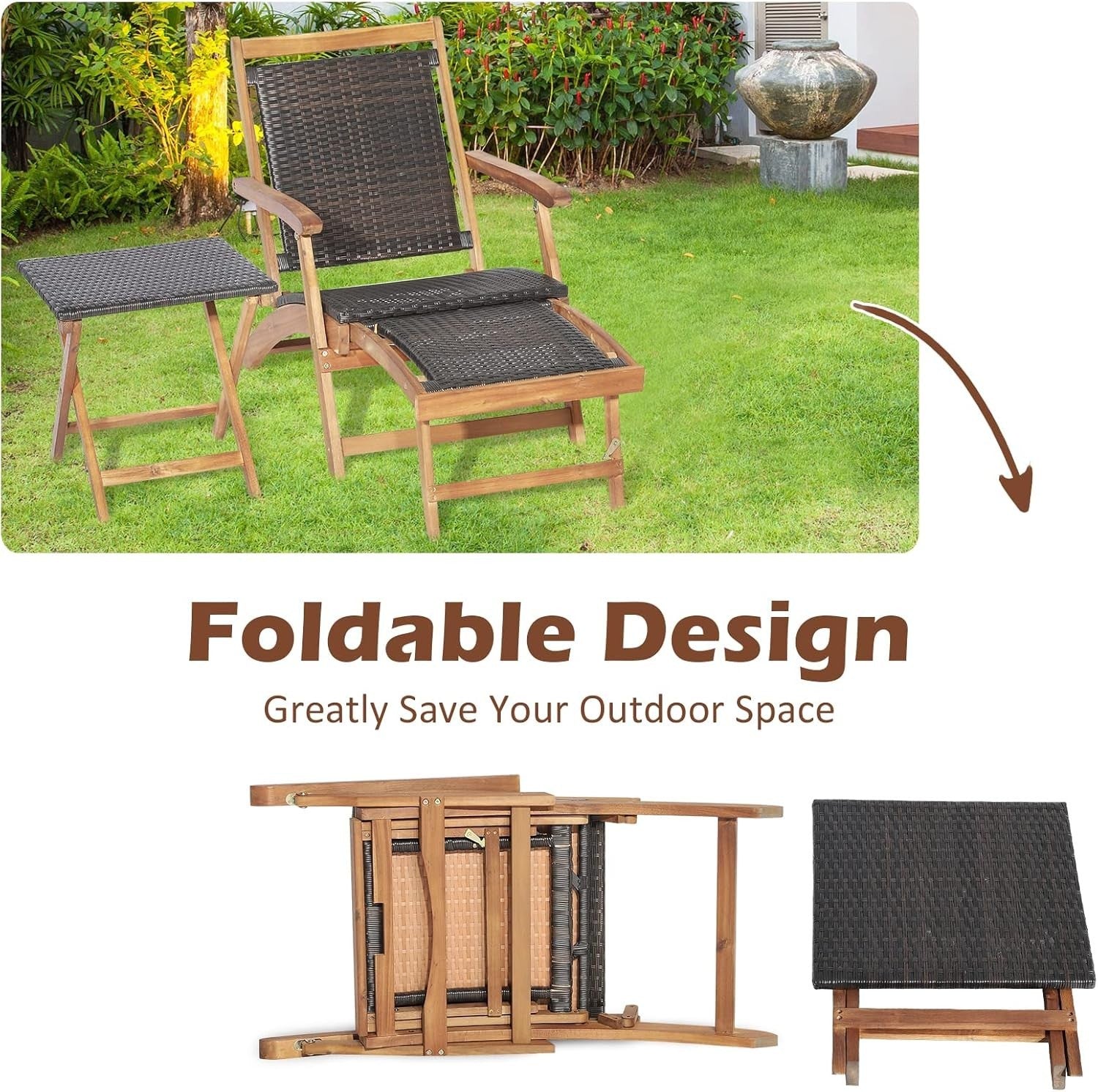 Rattan Sun Lounger Chair Folding Armchair with Footrest & Side Table