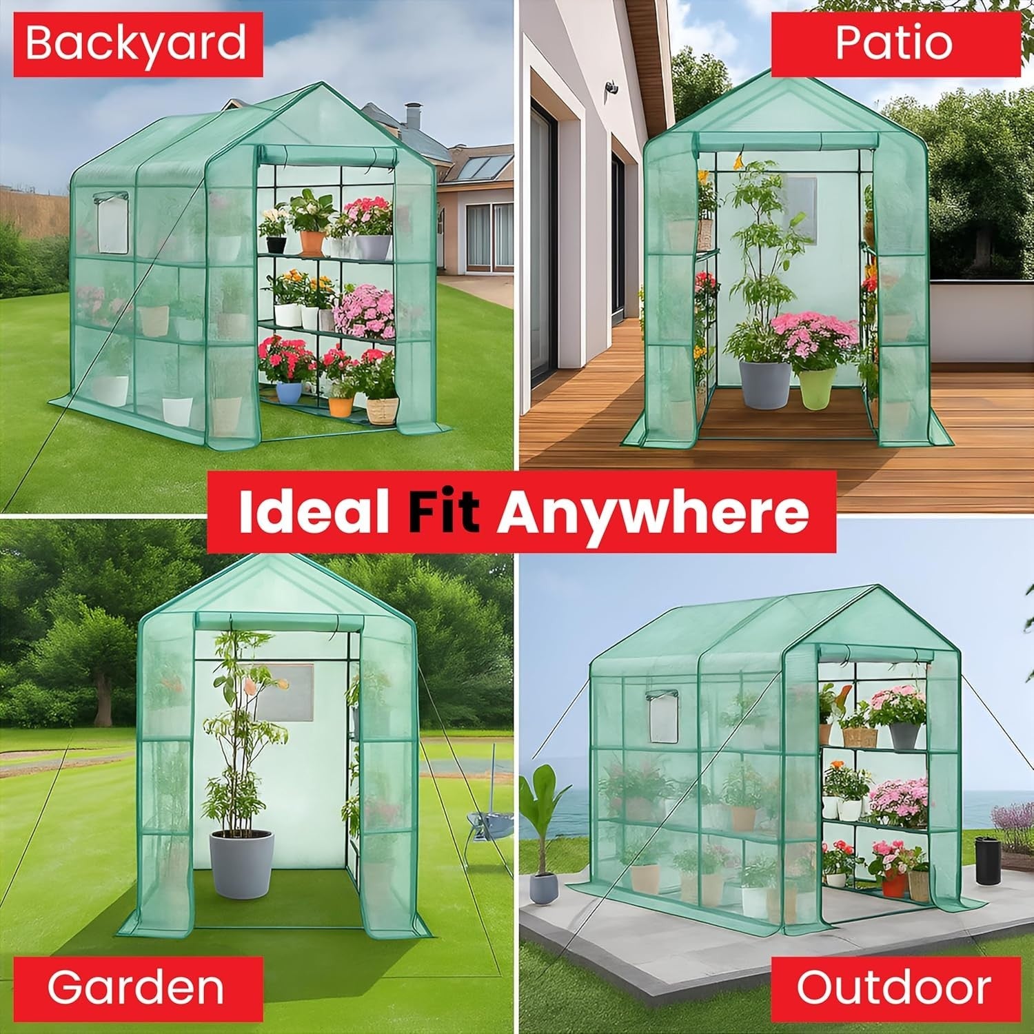 Walk-In Greenhouse 3 Tier 6 Shelves | Heavy Duty PE Cover Garden Growhouse
