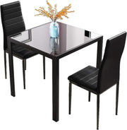 Modern 2-Seater Black Glass Dining Table with Faux Leather Chairs