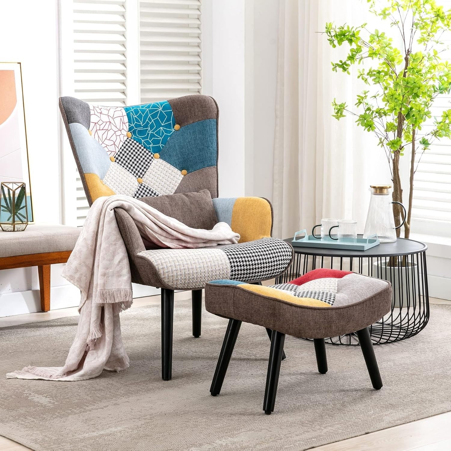 Patchwork Accent Chair & Ottoman Lounge Set | Retro Armchair for Reading