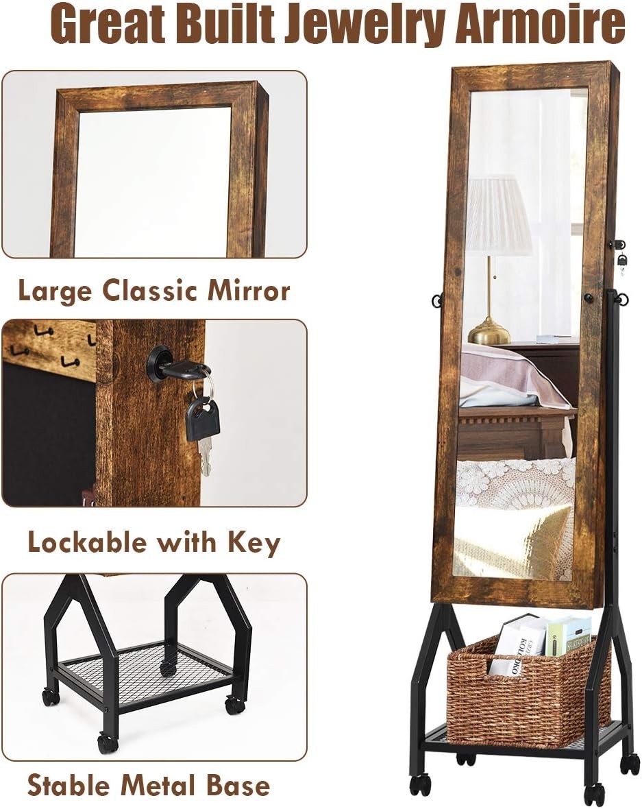 Brown Rolling Jewellery Cabinet Lockable Full Length Mirror Mobile Storage