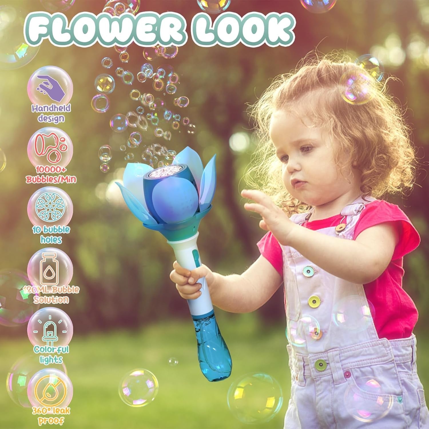 Lotus Bubble Wand for Kids LED Rechargeable Bubble Machine Blue