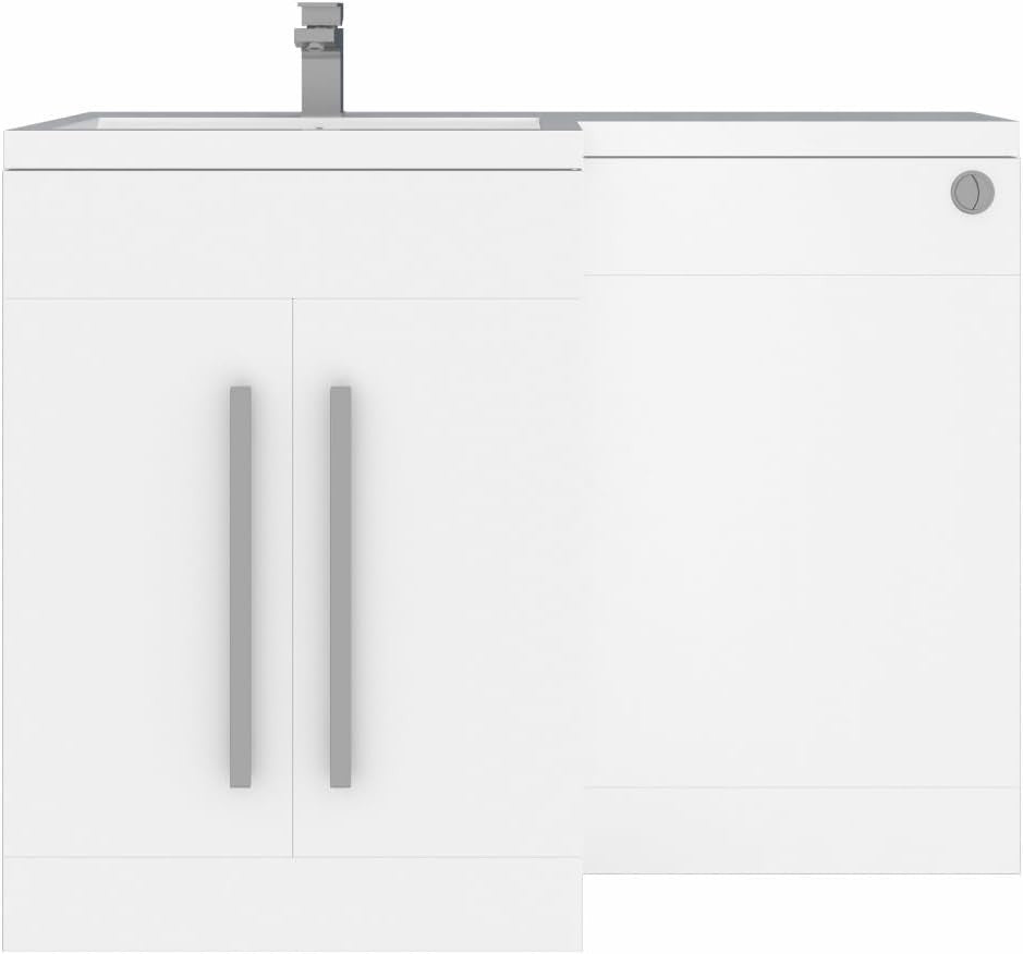 1100mm L Shape Left Hand Vanity Unit with Basin Sink & BTW Toilet Gloss White