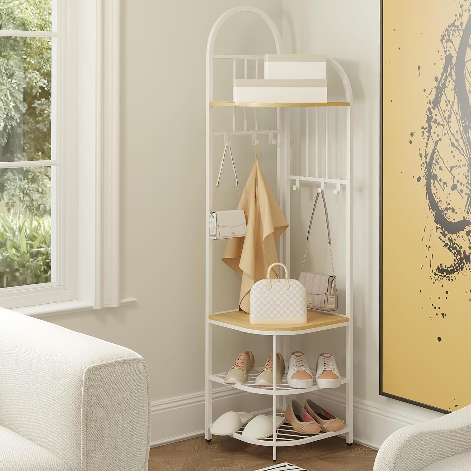 Natural White Corner Coat Rack 4-Tier Hall Tree with Shoe Bench & Hooks