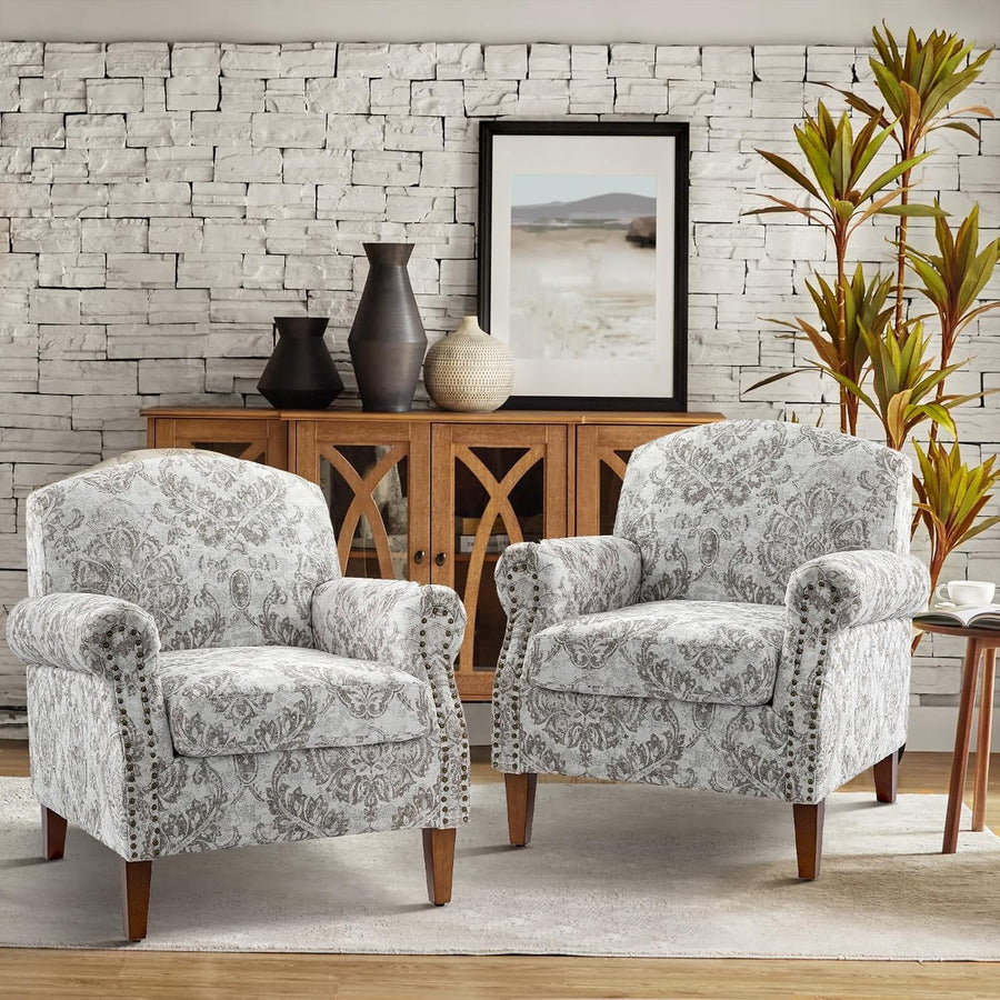 Beige Floral Accent Armchair with Wood Legs & Removable Cushions - Cozy