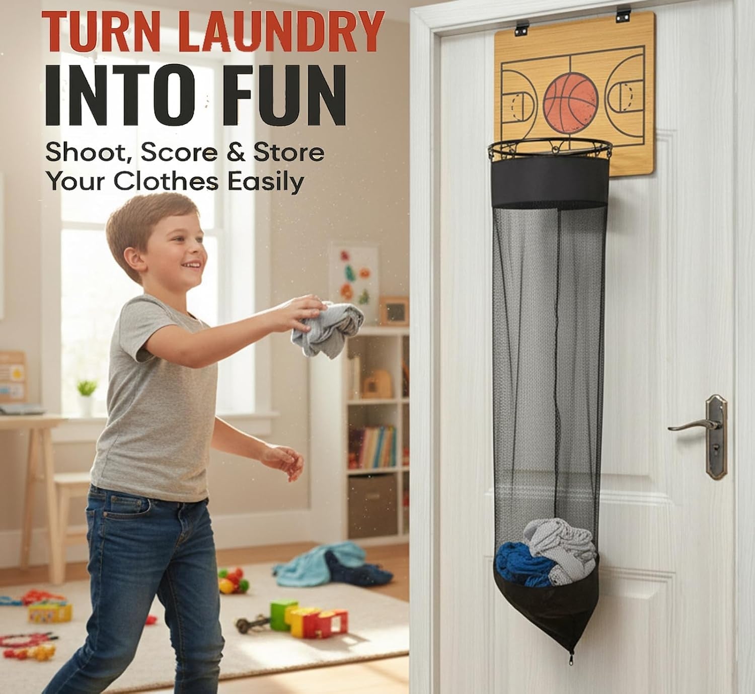 Basketball Hoop Laundry Hamper Over-Door Backboard Large Hanging Basket