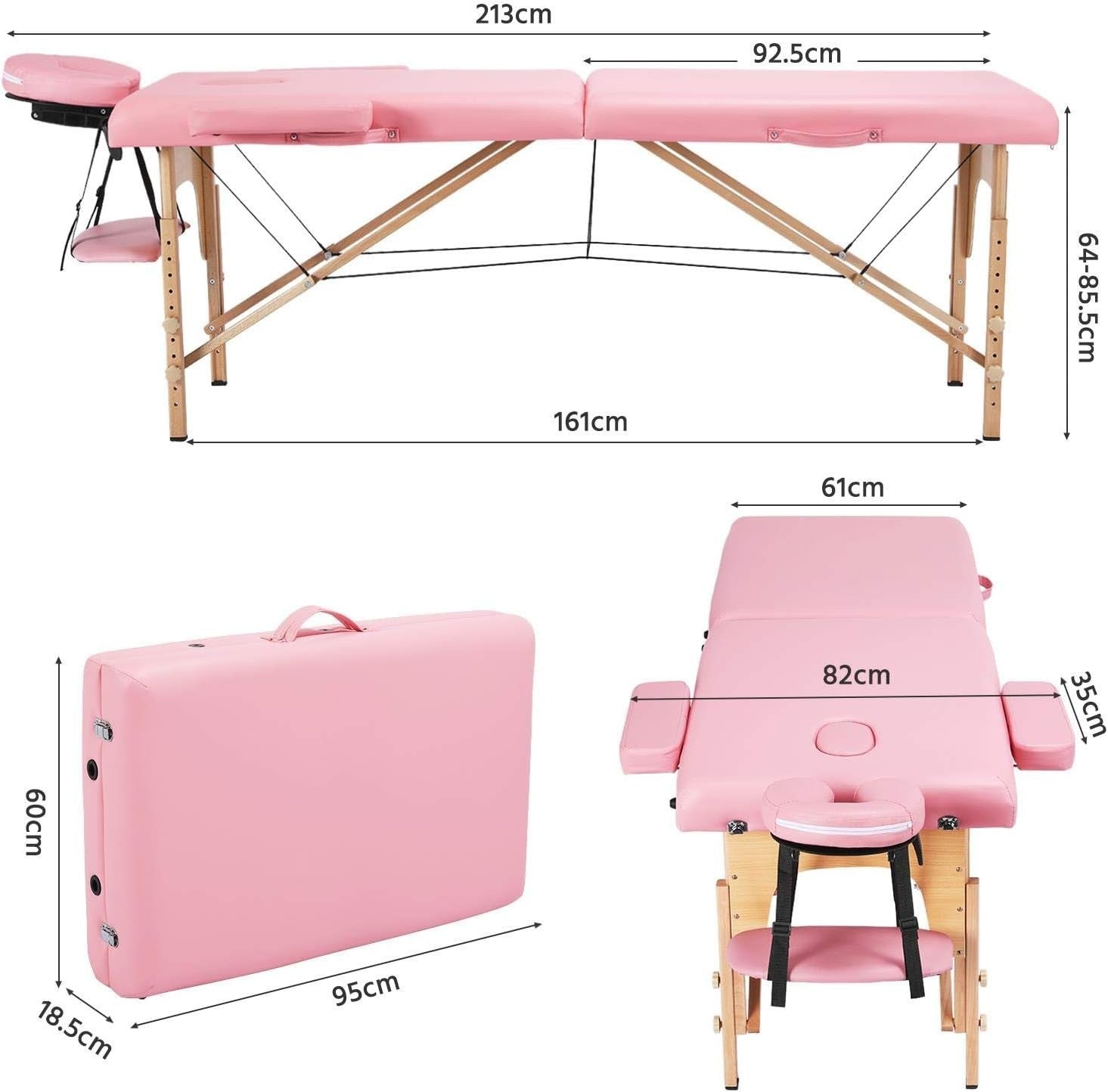 Portable Wood Massage Table Folding 2-Section Beauty Lash Bed Pink 60cm Width