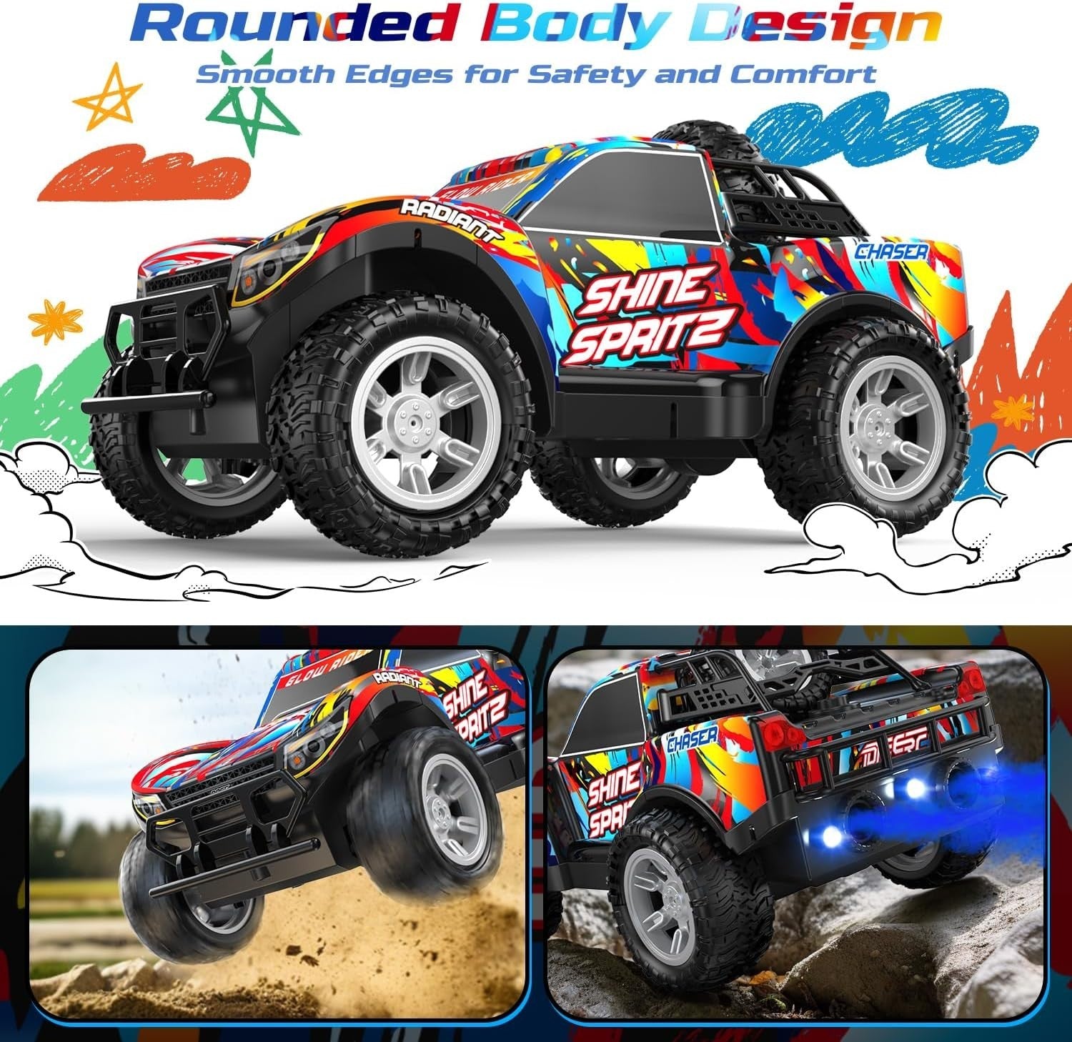 Spray RC Car for Kids 4-8 – LED Lights, Music, Drift & 2 Batteries Included