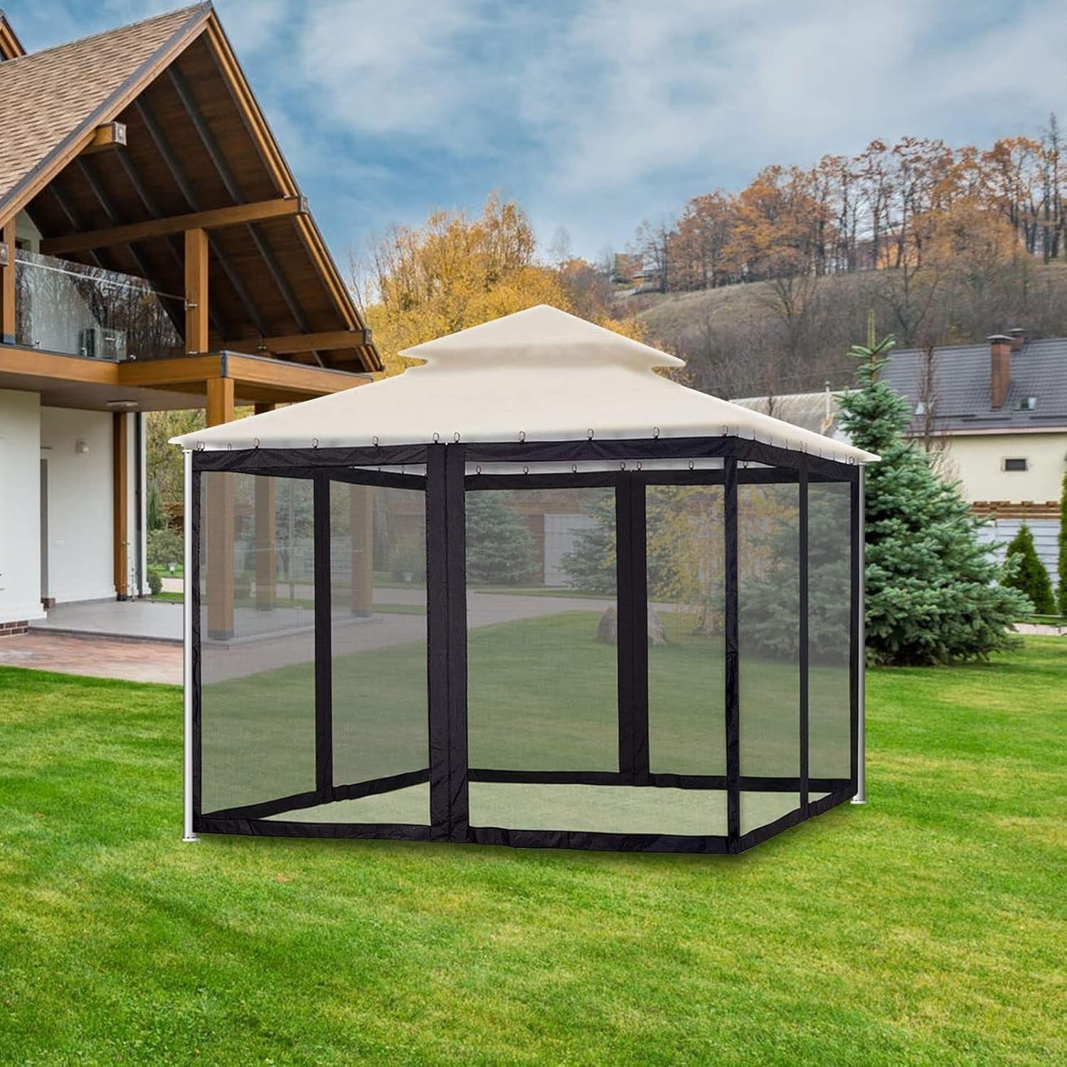 3x3m Gazebo Mosquito Net Walls Set Black Zipper Panels Insect Screen