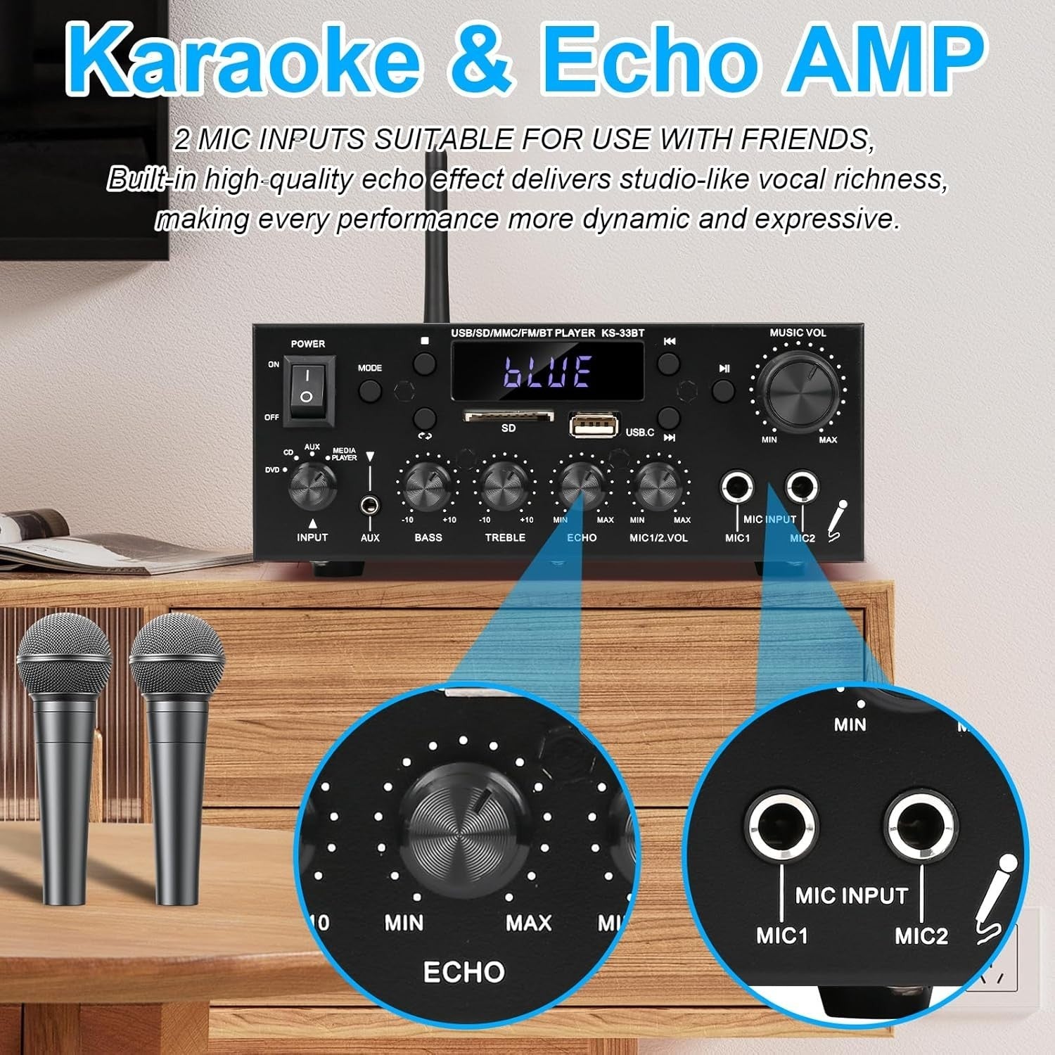 500W Bluetooth 5.0 Stereo Amplifier 2 Channel HiFi FM USB