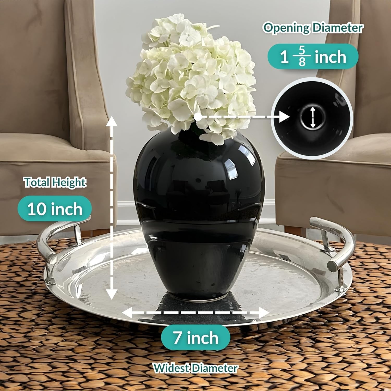 Black Ceramic Vase 25cm Glossy Porcelain Tall Flower Centerpiece Decor