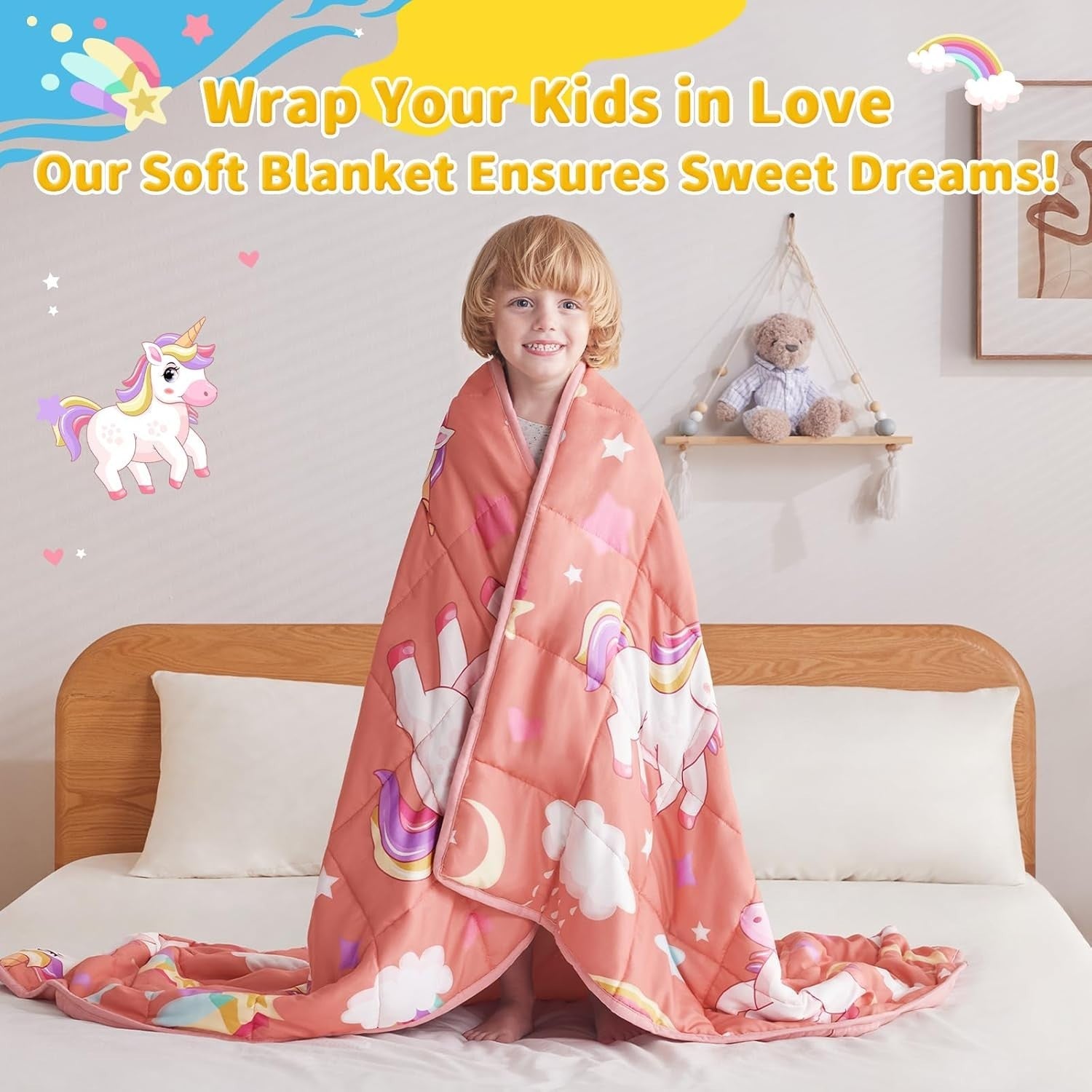 Kids Weighted Blanket 36"x48", 3lbs Red Unicorn Breathable Glass Beads