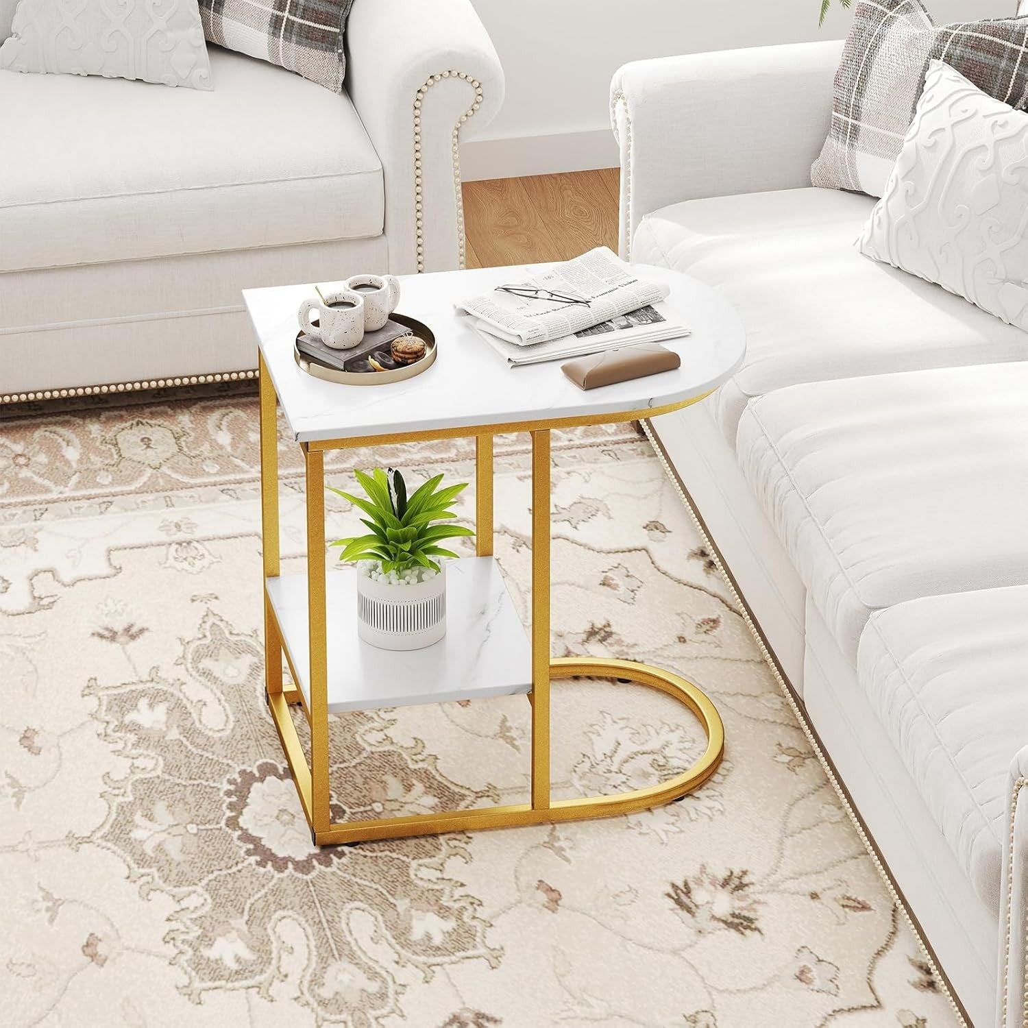 Modern Faux Marble C-Shaped Side Table with Storage Shelf – White & Gold Nightst