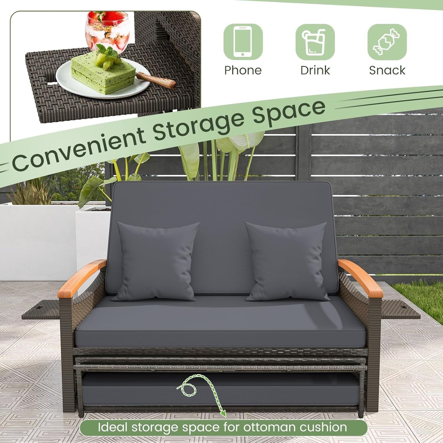 Outdoor Rattan Daybed Double Chaise Lounge with Storage Ottoman & Cushions