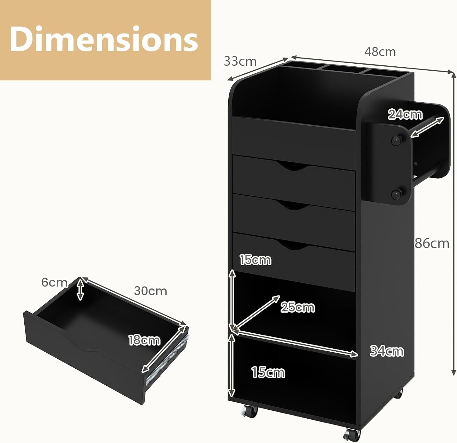 Black Mobile File Cabinet 86cm 3 Drawer Under Desk Storage
