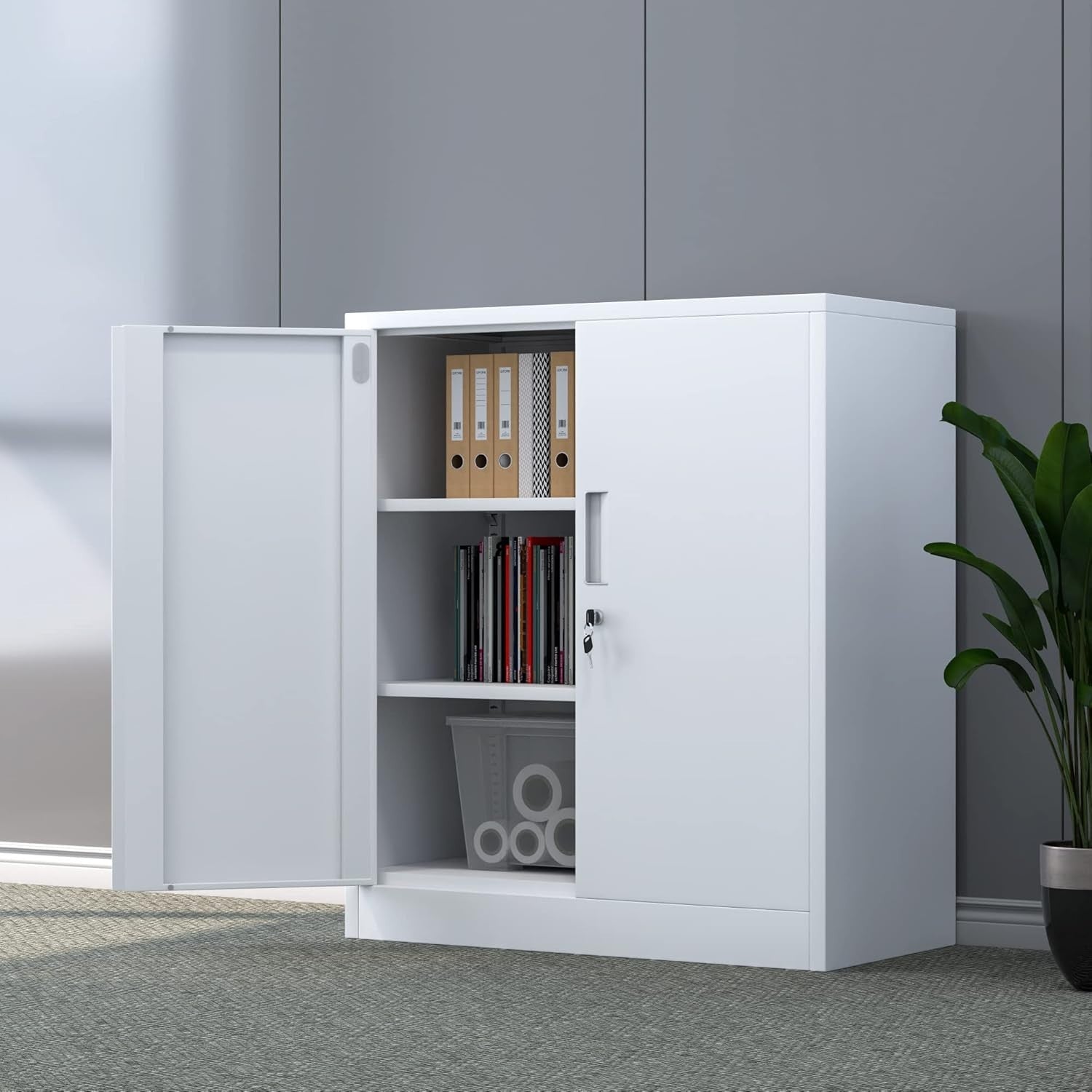 Metal Storage Cabinet Lockable Doors Adjustable Shelves Office Garage