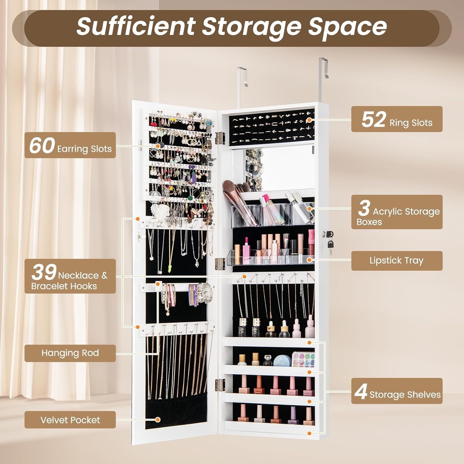 Wall Door Mounted Jewelry Armoire Lockable Full Length Mirror White