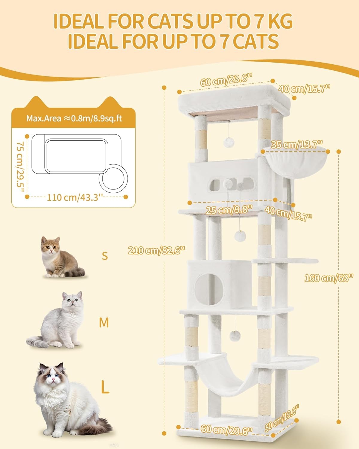 210cm Tall Cat Tree Tower Multi-Level Scratching Posts Condos Large