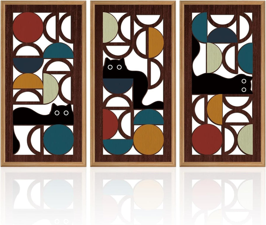 Boho Black Cat Wall Art Set of 3 Framed Geometric 20x40cm