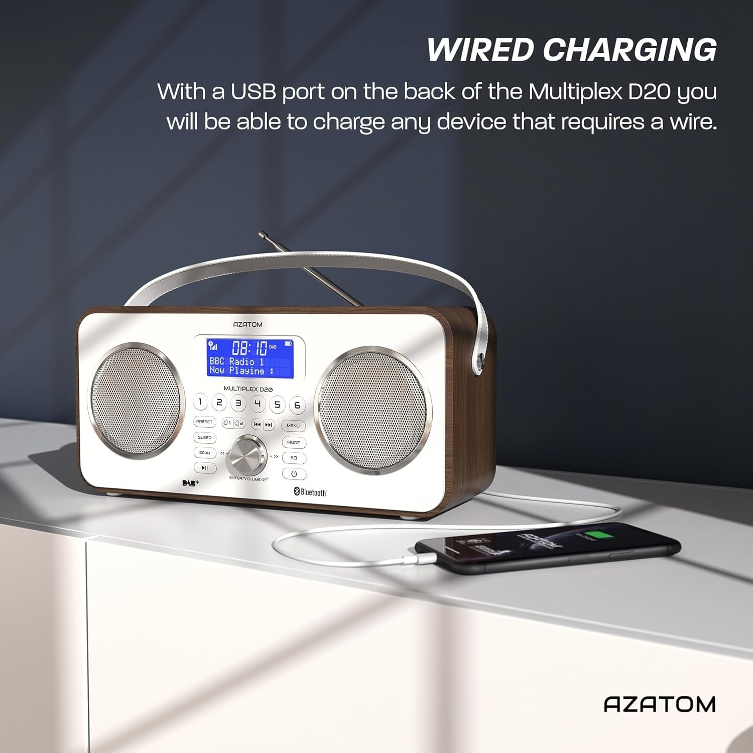 DAB DAB+ FM Digital Radio Bluetooth Portable Rechargeable Walnut Remote