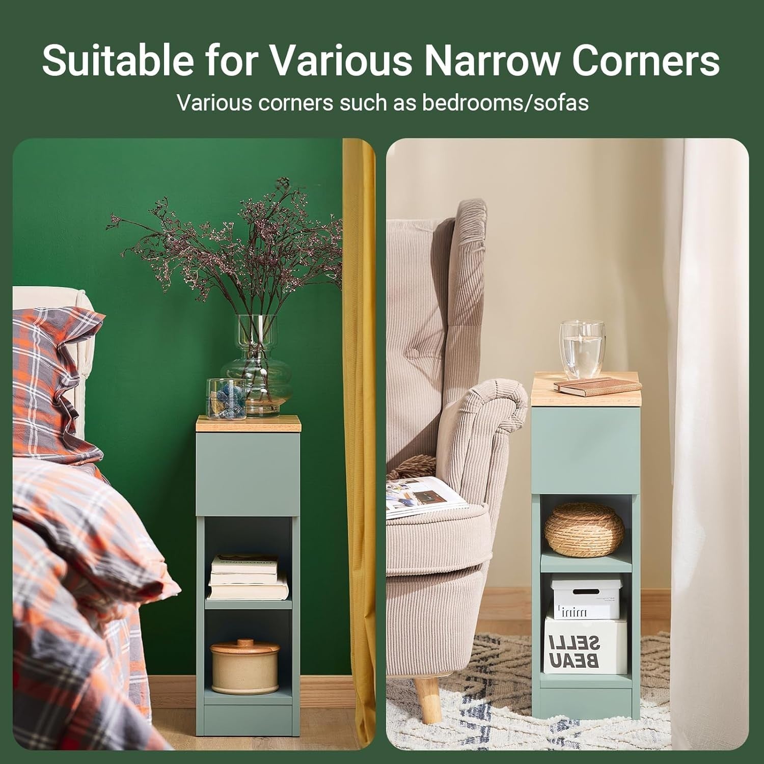 Slim Green Bedside Table with Drawer & 2 Shelves | Modern Narrow Nightstand