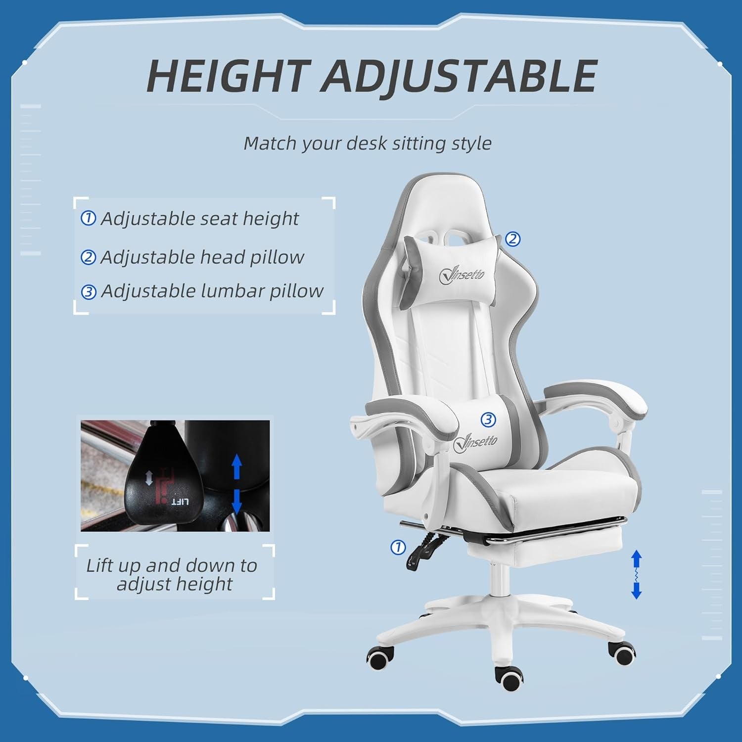 Gaming Chair PU Leather Recliner w/ Footrest 135° Swivel White