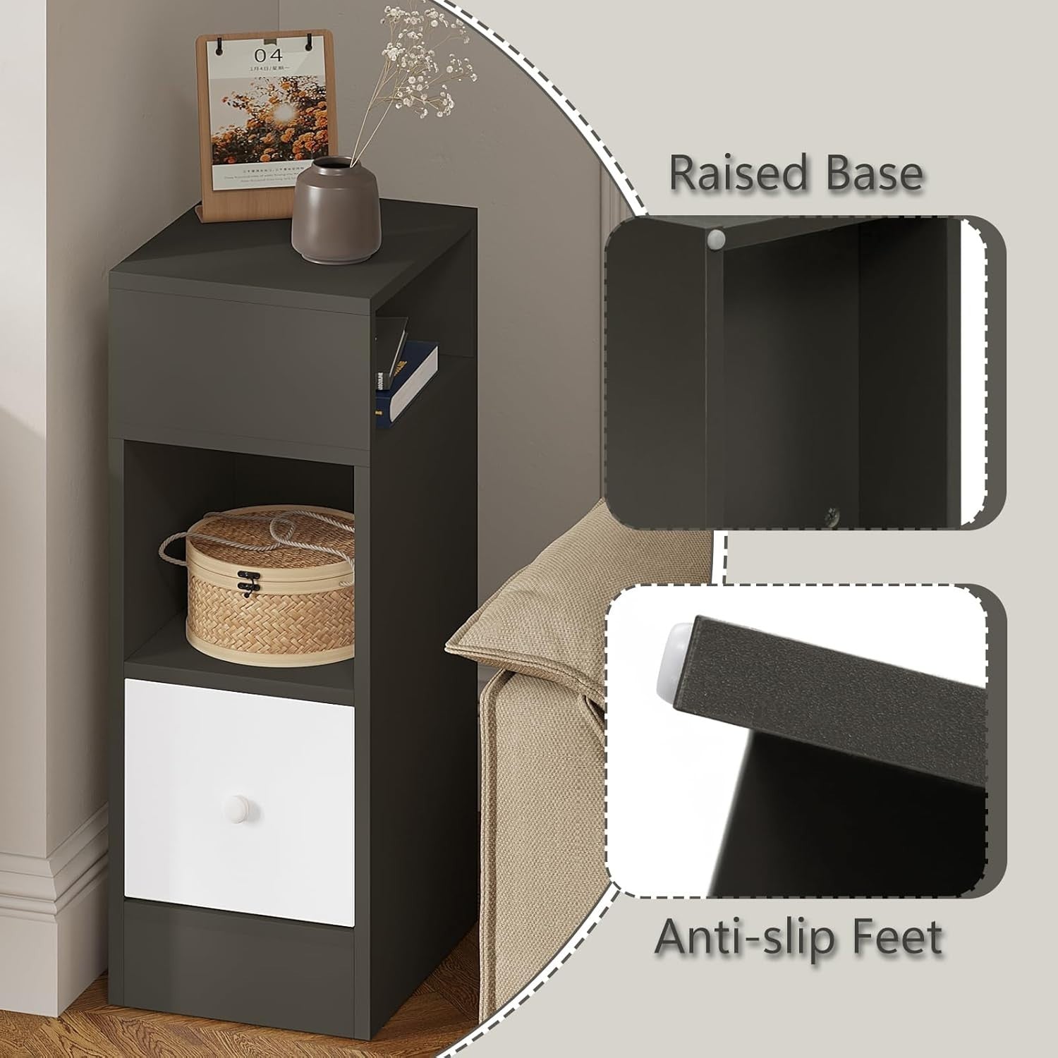 Set of 2 Slim Dark Grey Bedside Tables with Drawer & Open Shelves 25x30x66cm