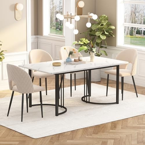 Rectangular Marble Pattern Dining Table 140x80cm White Desktop Black Legs