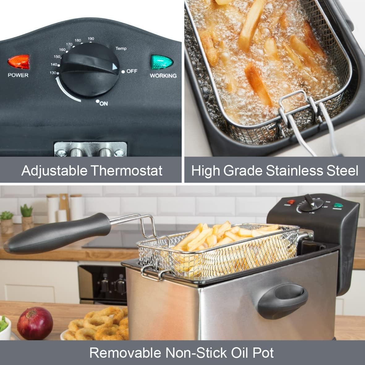 3L Deep Fat Fryer 2000W Stainless Steel Electric Chip Fryer Easy Clean